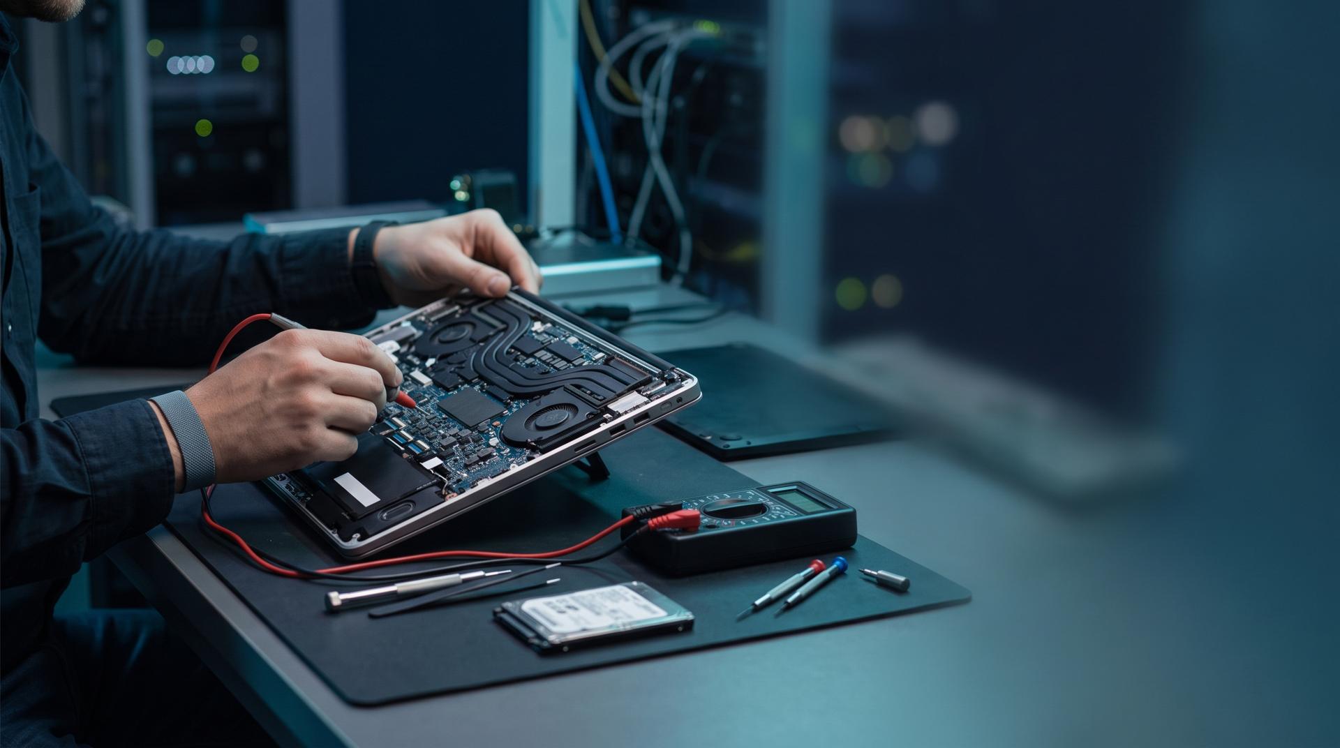 A technician diagnosing an open laptop at a workbench