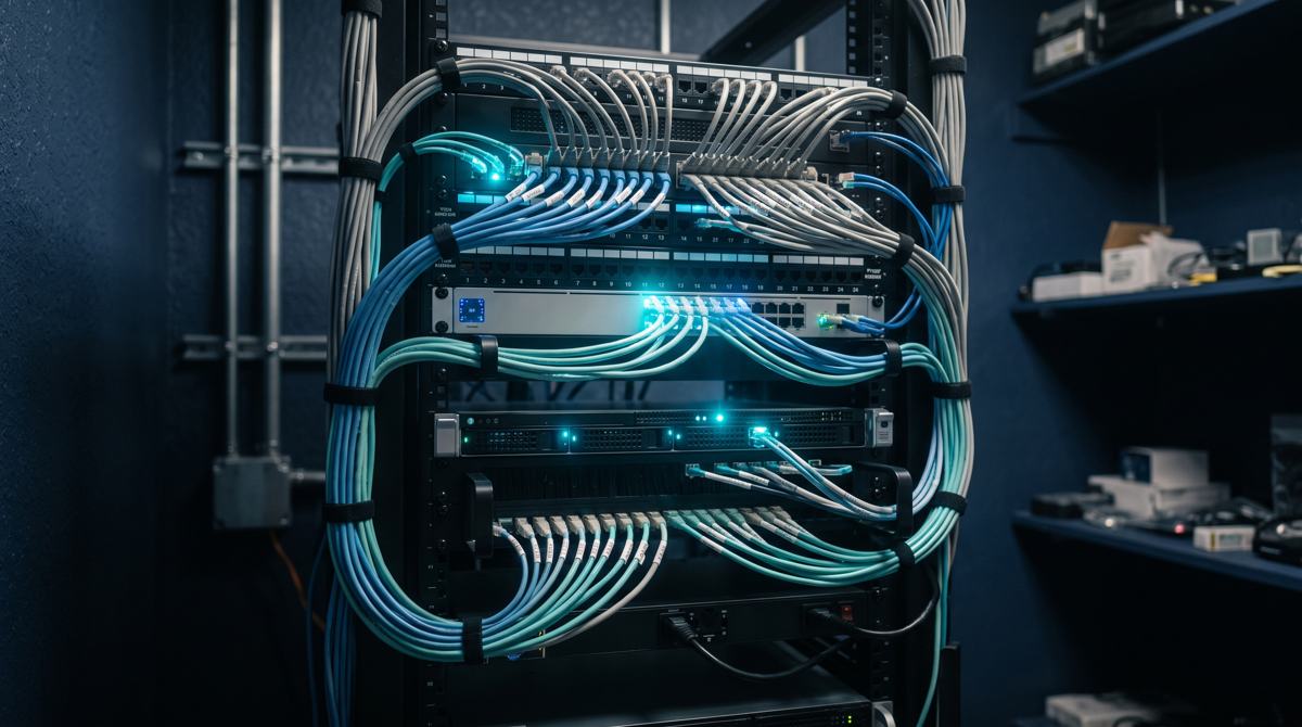 A neatly cabled network rack with glowing status lights